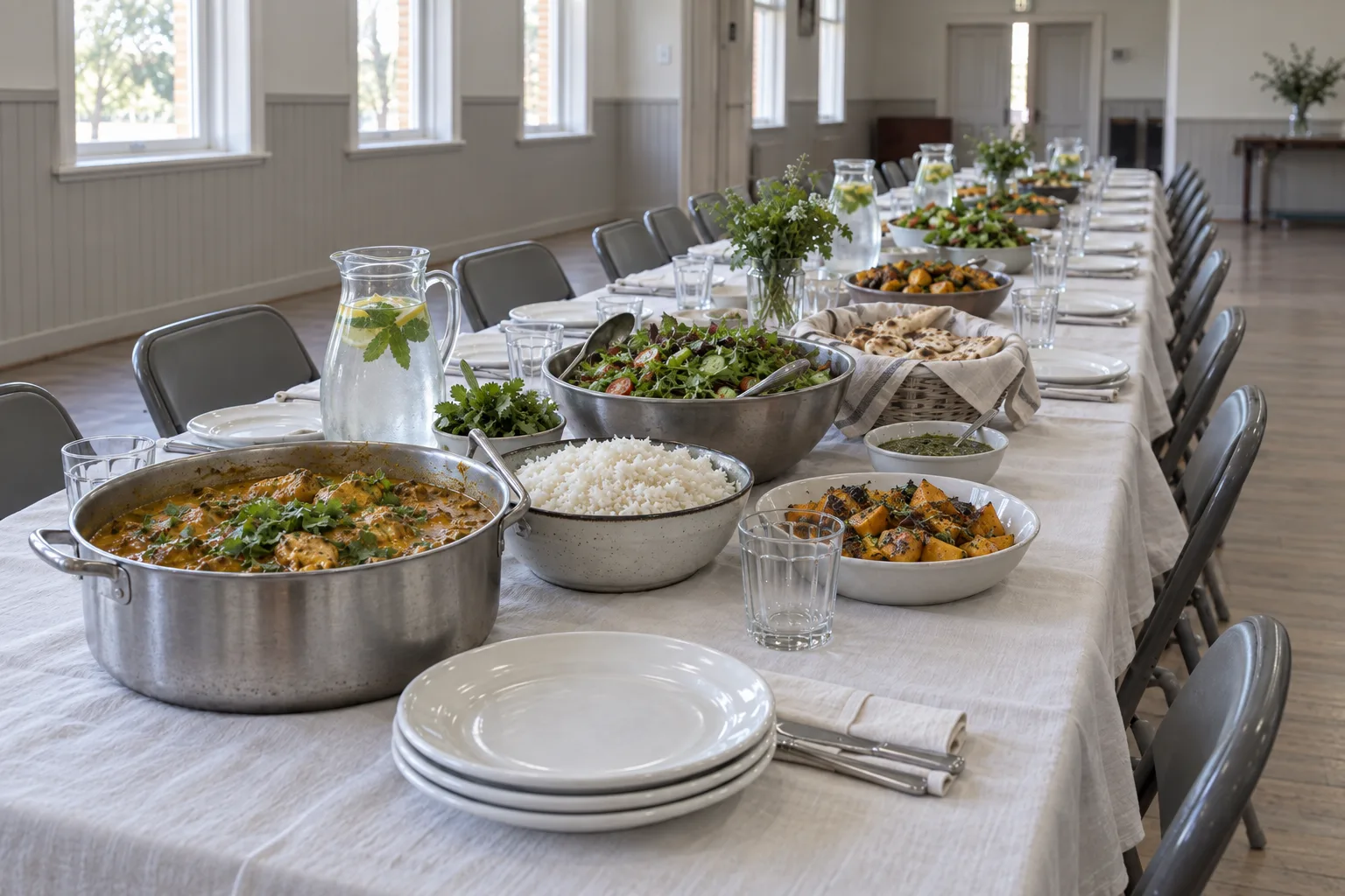 Trestle tables end to end down a community hall, laid with linen cloths and big shared dishes