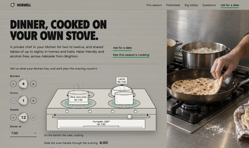 The front page: a photograph of pots on a home cooktop beside a drawn plan of the burners