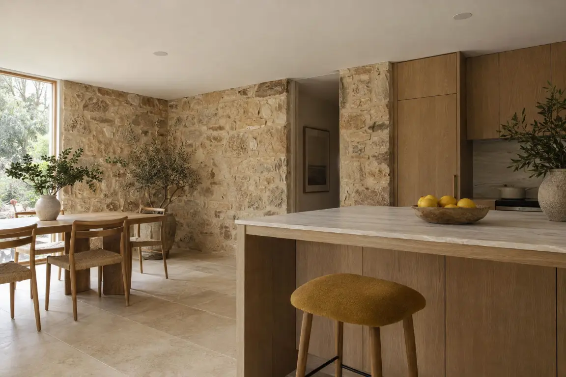 A sandstone kitchen in afternoon light, two small speaker grilles flush in the white ceiling above an oak bench with a bowl of lemons