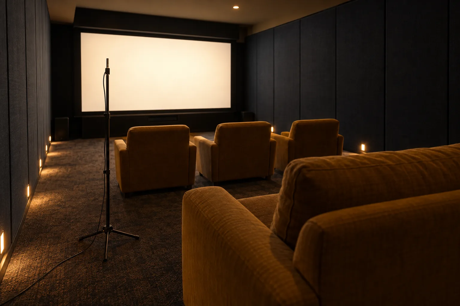 A measurement microphone on a tall thin stand at seated ear height beside the mustard sofa, the cinema room dark around it and the screen lit plain at the far end
