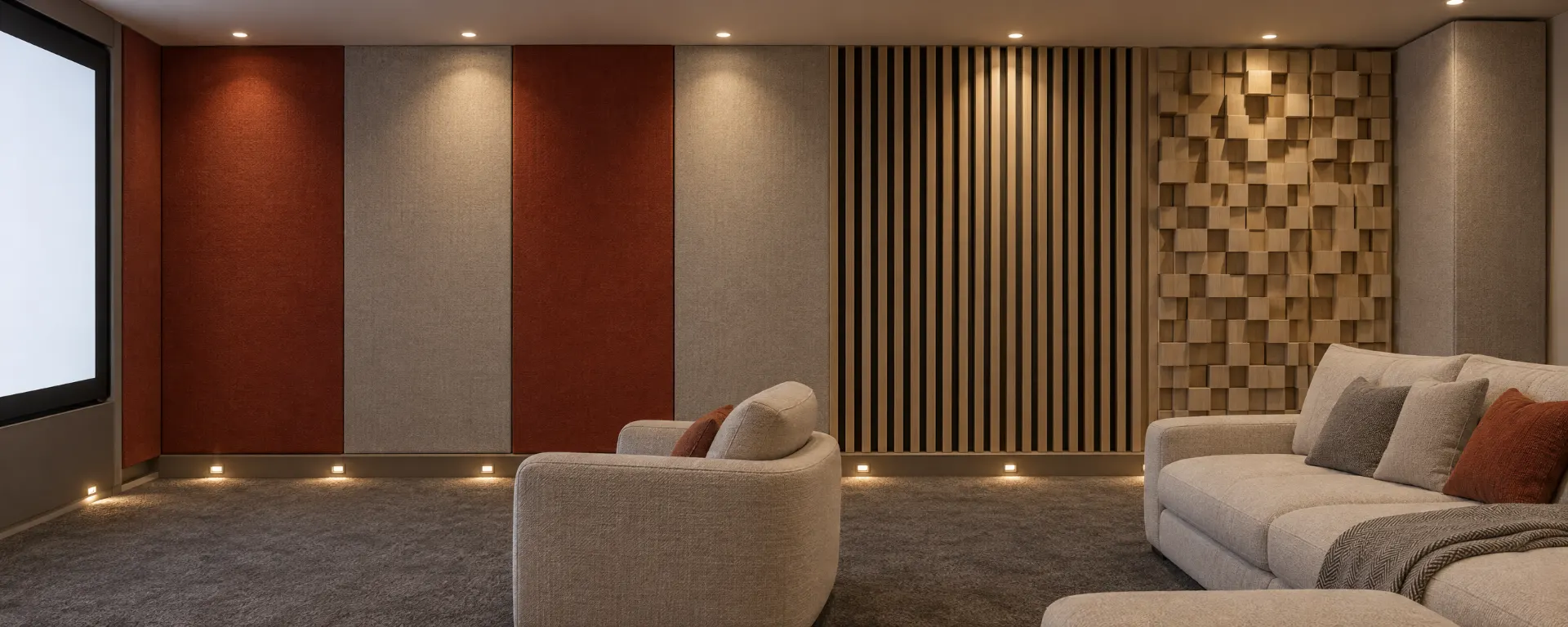 The side wall of a finished cinema room, straight on: the blank screen glowing at the left end, vermilion felt and stone-grey cloth panels, a run of oak slats, an oak block diffuser and a corner trap at the back, step lights along the skirting behind an armchair and a sofa