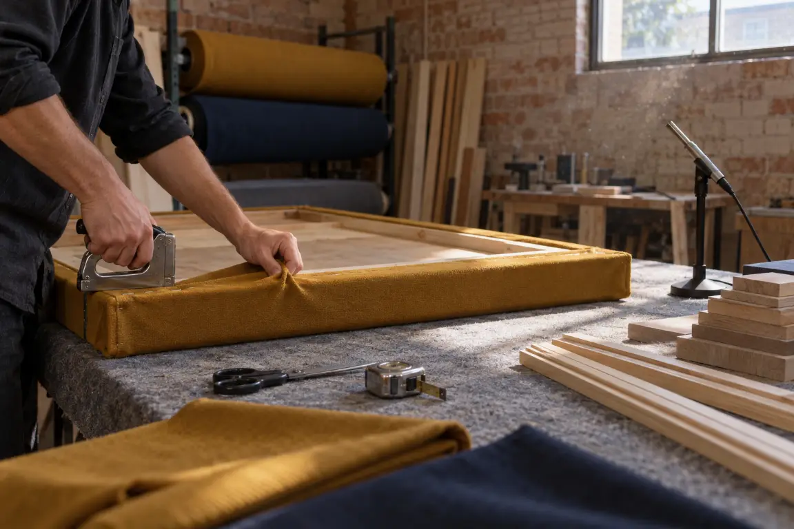 Hands stretching mustard fabric over a timber panel frame on a workshop bench, rolls of fabric and cut oak blocks behind