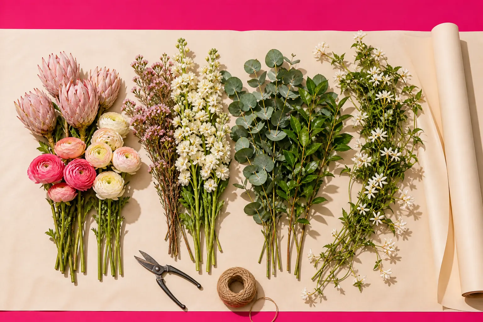 One bouquet’s stems sorted on cream paper by role: proteas and ranunculus, waxflower and stock, eucalyptus and pittosporum, and trailing jasmine, with snips and twine