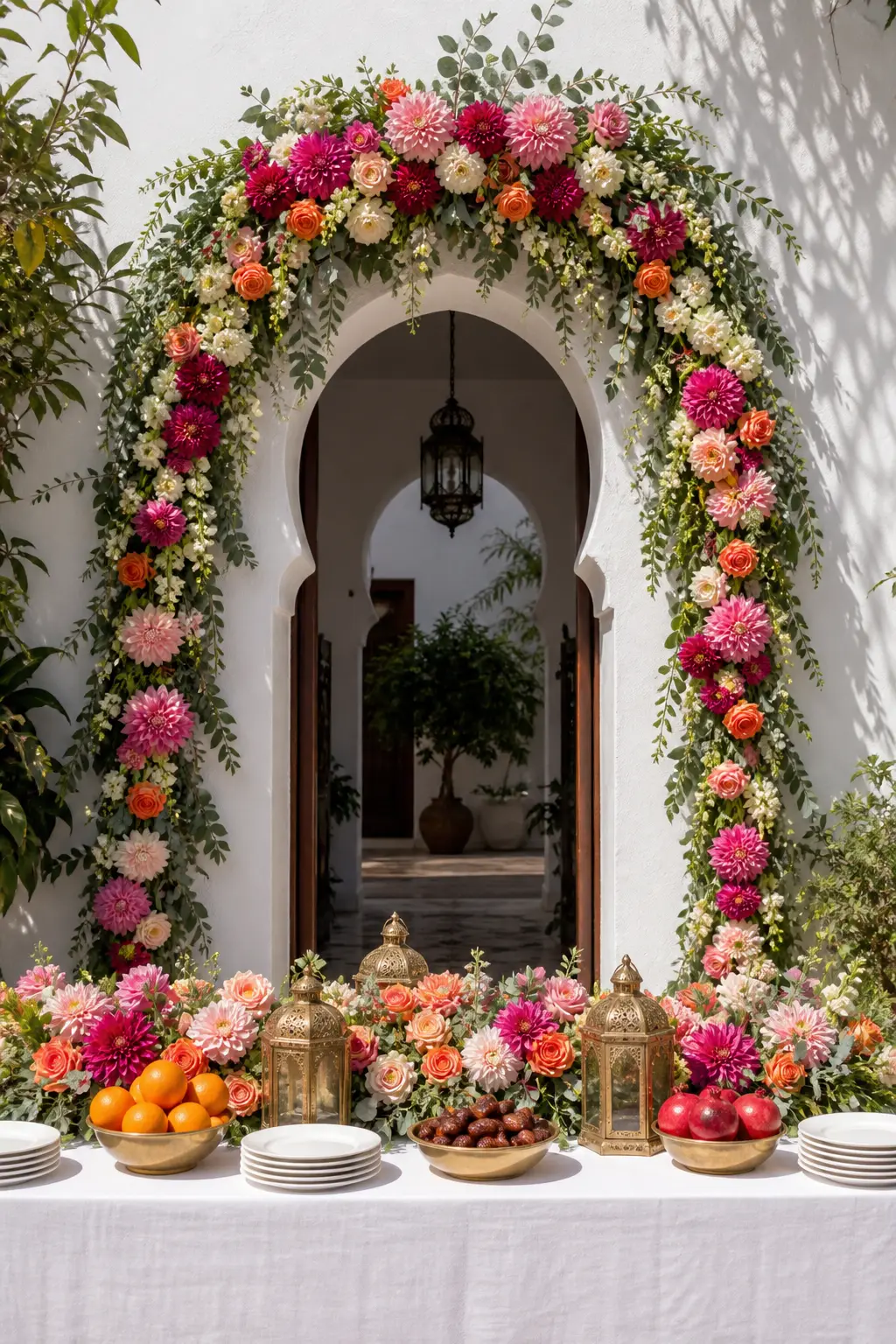 An arched doorway in a sunlit white courtyard framed by a garland of dahlias, roses, stock and jasmine, above a low table set with fruit and brass lanterns