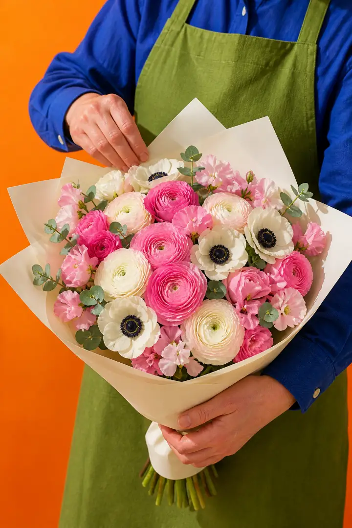 A florist in a long-sleeved blue shirt wrapping a spring bouquet of ranunculus, anemones and sweet peas in cream paper, against tangerine paper