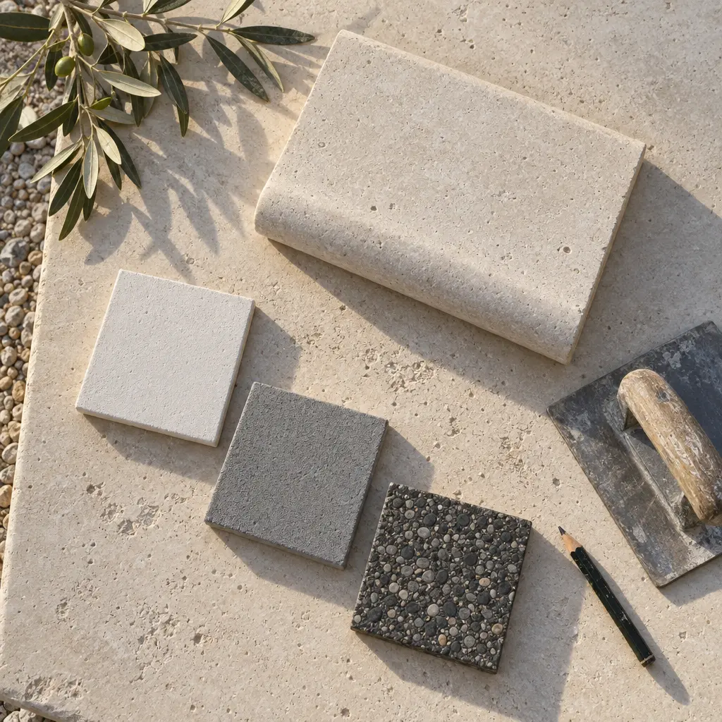 Squares of white render, grey render and charcoal pebble beside a length of limestone coping, seen from above.