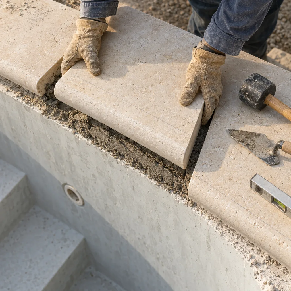 Gloved hands lowering a limestone coping stone onto its mortar bed, a mallet and trowel beside it.