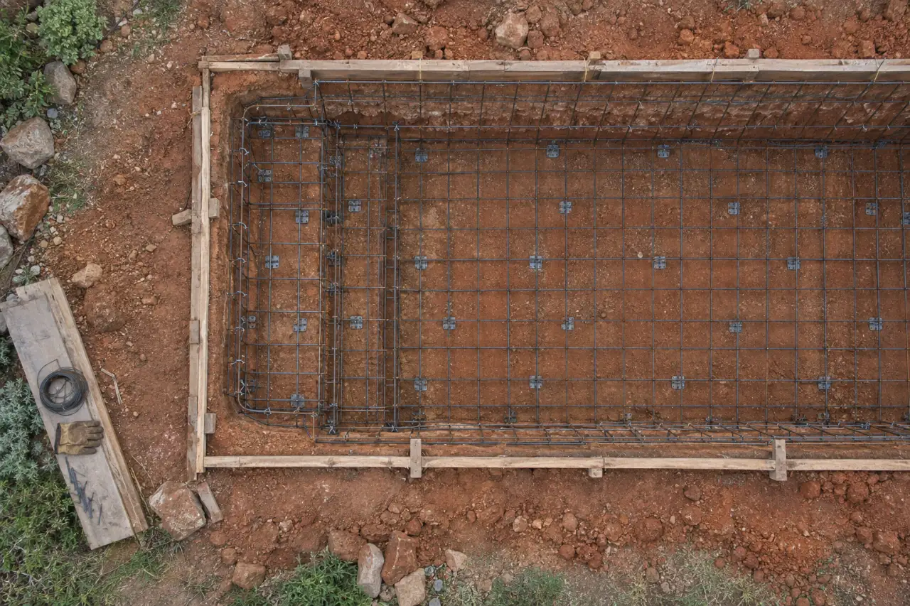 Straight down into the dug shell, the steel tied at every crossing over red-brown clay.
