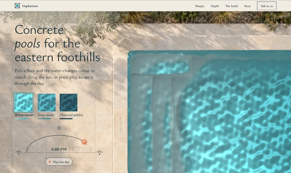 The front page: looking straight down on a pool in a limestone terrace, its water turquoise over white render