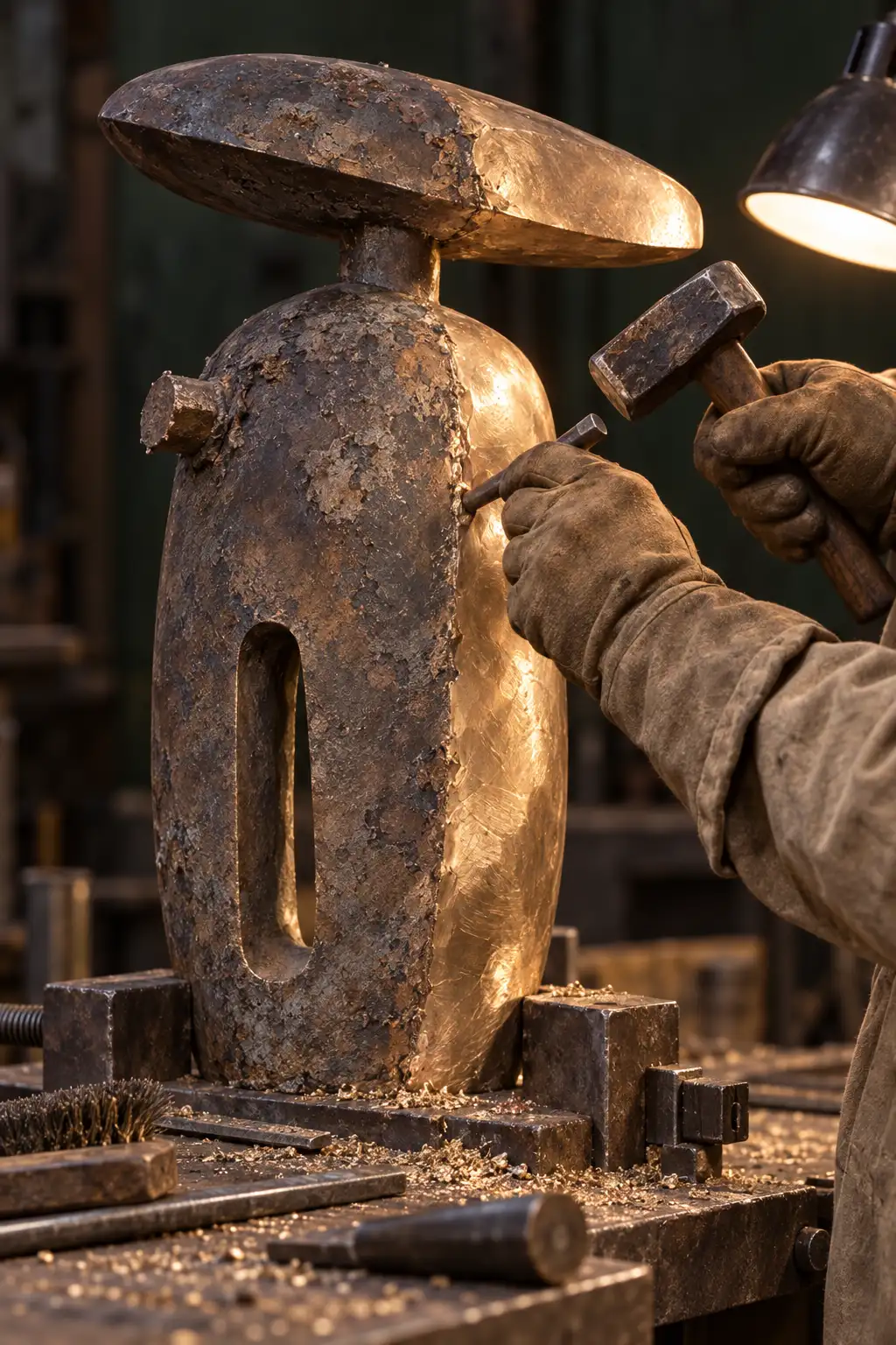 Gloved hands chasing a seam on a raw bronze casting, half dull fire scale and half worked bright