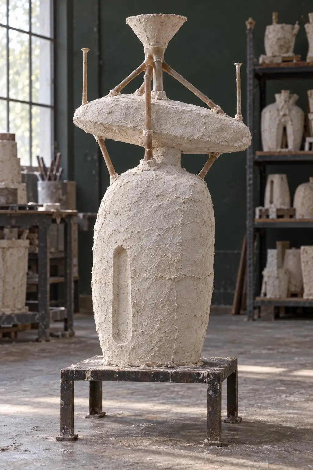 The sculpture cased in a rough white ceramic shell, with wax sprues and a pouring cup attached, on a steel stand