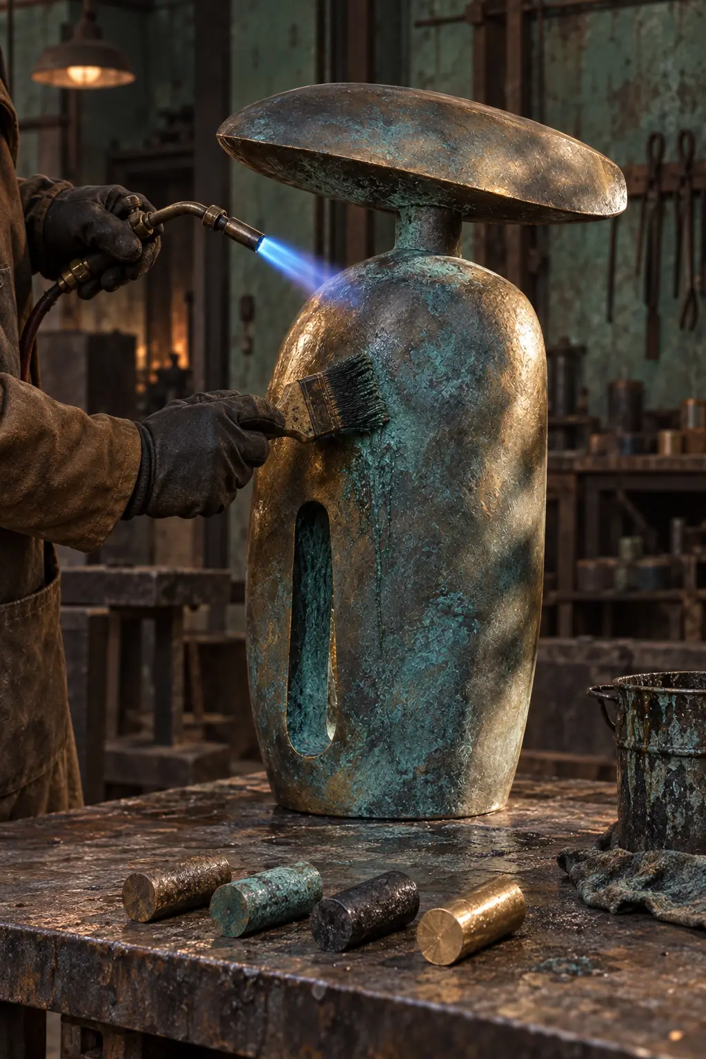 A torch flame and a brush lay a blue-green patina on warm bronze, with four tested offcuts on the bench