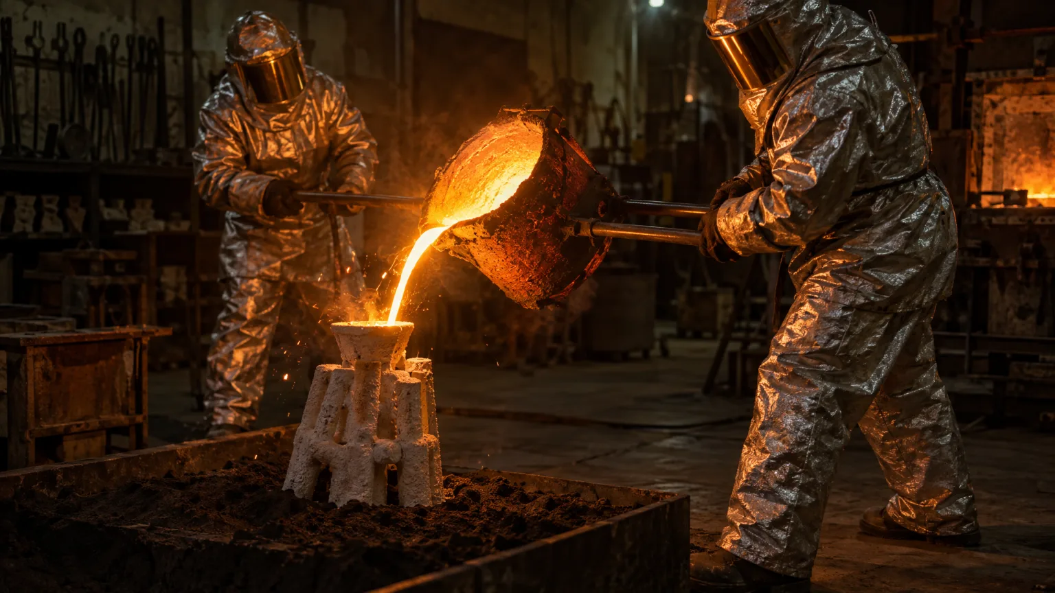 Two foundry workers in silver heat suits tip a glowing crucible, and a stream of molten bronze falls into a ceramic shell mould