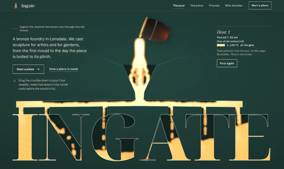 The front page: molten bronze filling the letters of the name across a deep green ground