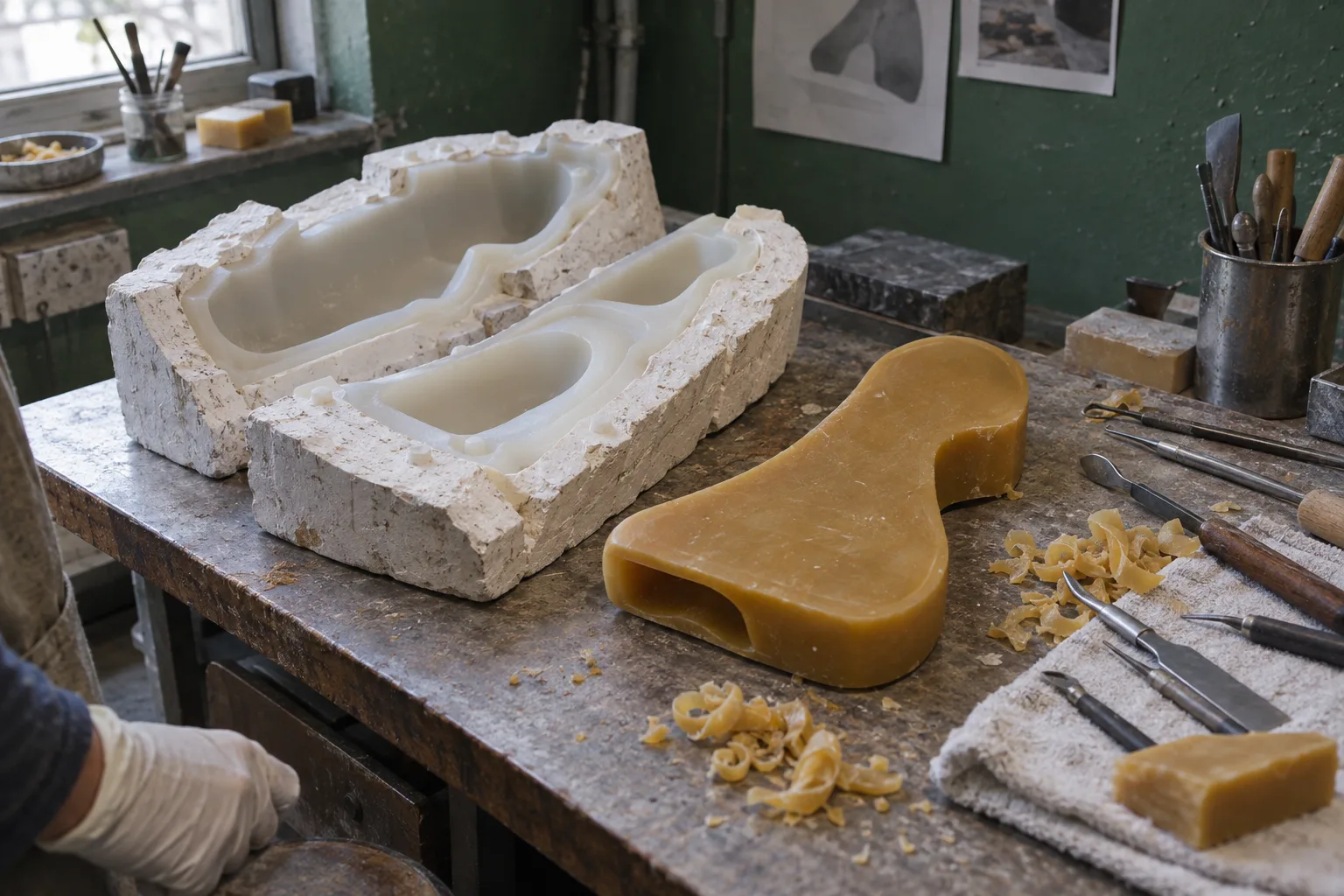 An opened rubber mould in its plaster jacket beside a hollow amber wax of the form, with wax tools on the bench