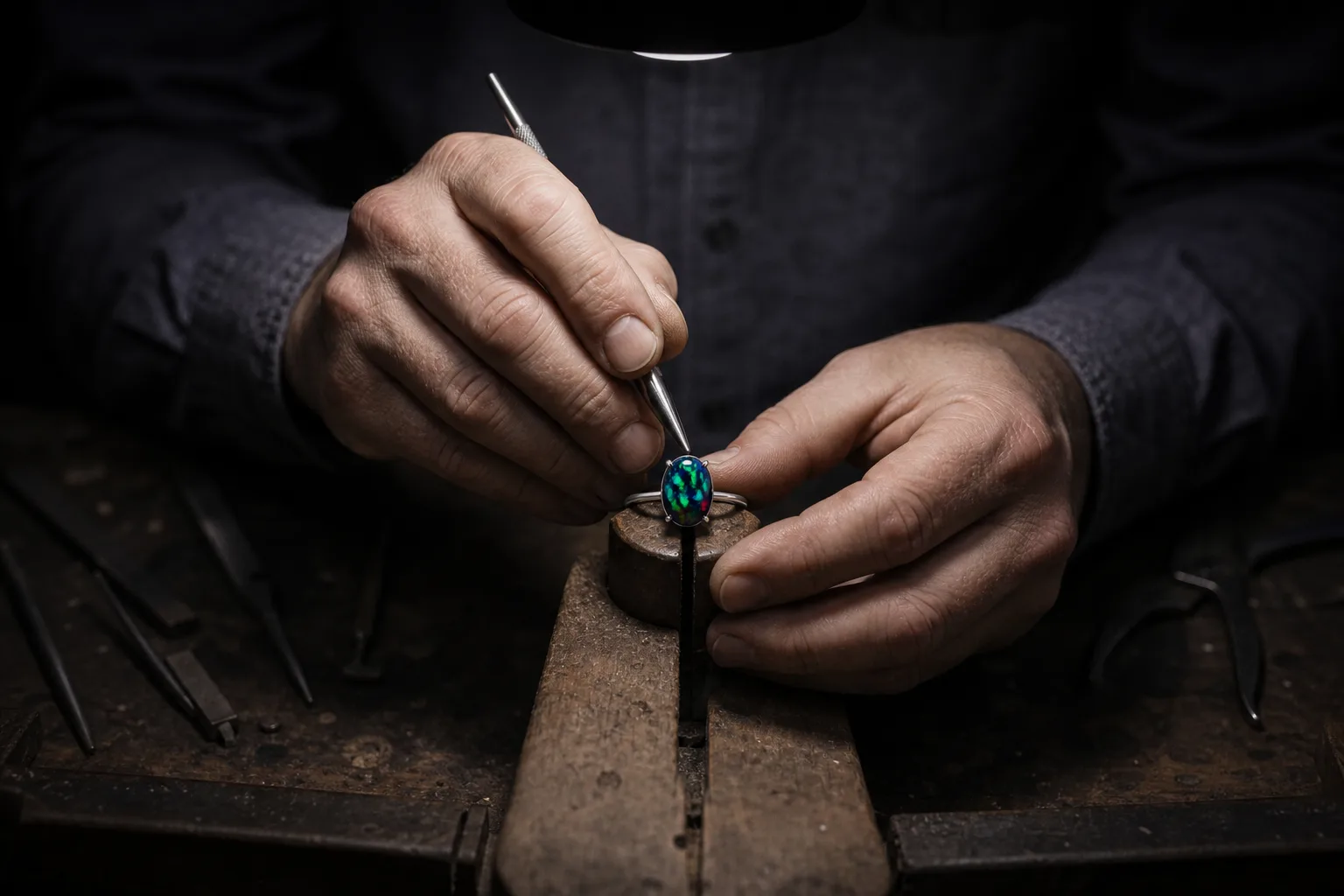 A jeweller’s hands in dark buttoned sleeves work a fine steel tool against the claws of a platinum black-opal ring at a timber bench peg, under one lamp.