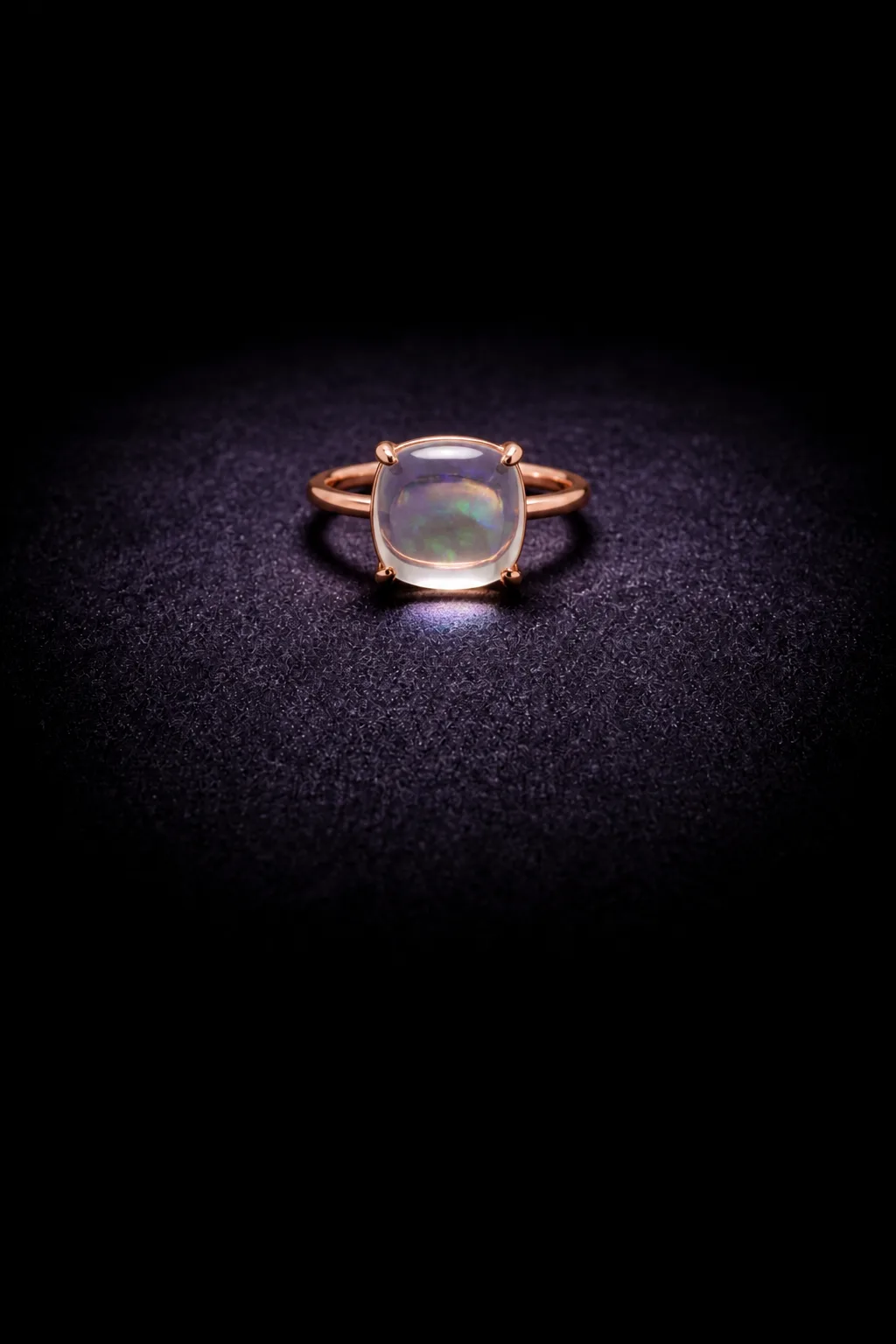 A rose-gold ring with a cushion of clear crystal opal in four claws on violet-black velvet; soft green and violet colour lies deep in the stone.
