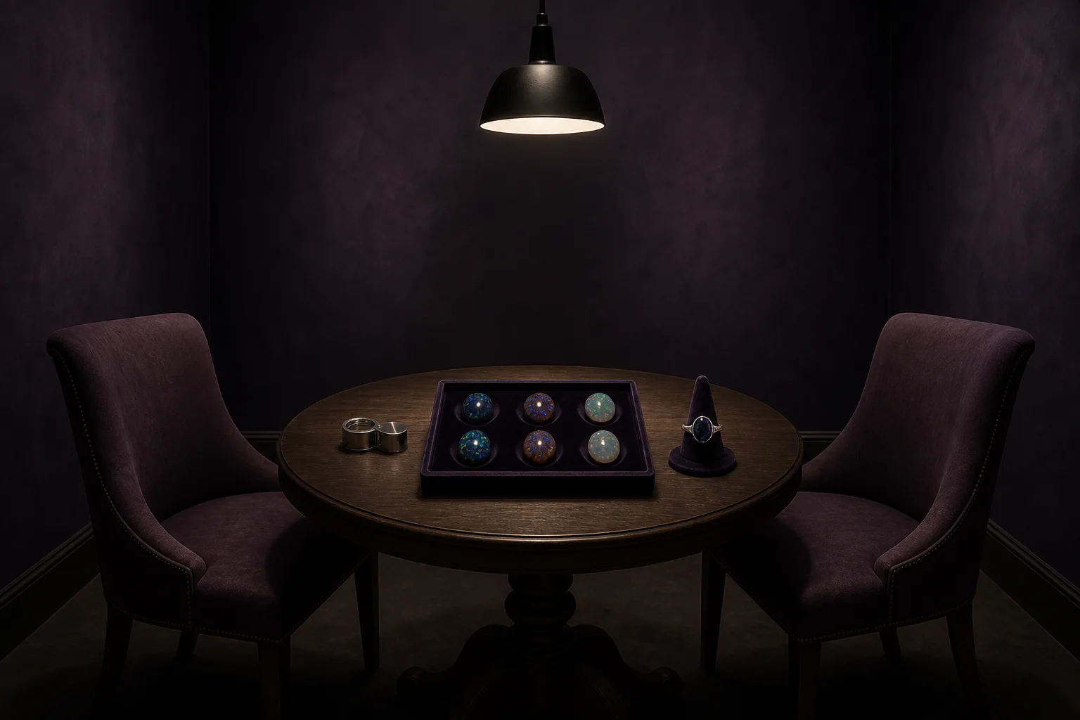 A small dark room with a round timber table under one pendant lamp, a velvet tray of six loose opals, a loupe and a ring on a cone, two chairs facing across it.