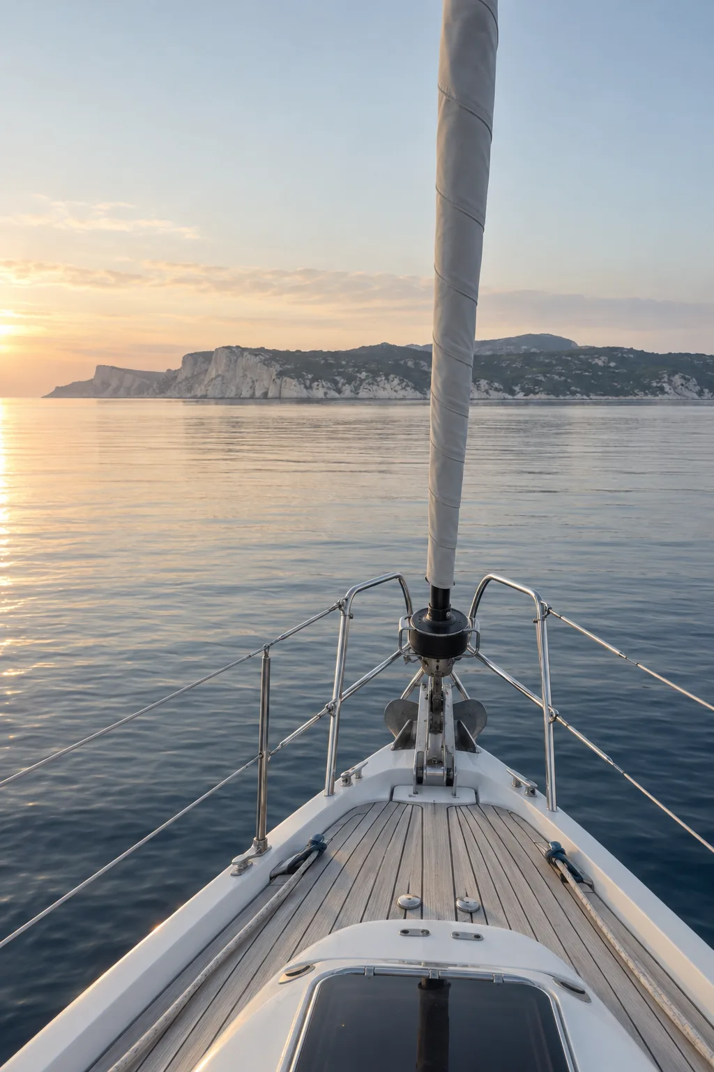 Looking forward over a teak foredeck and the bow pulpit to a low island coast on a flat, hazy morning