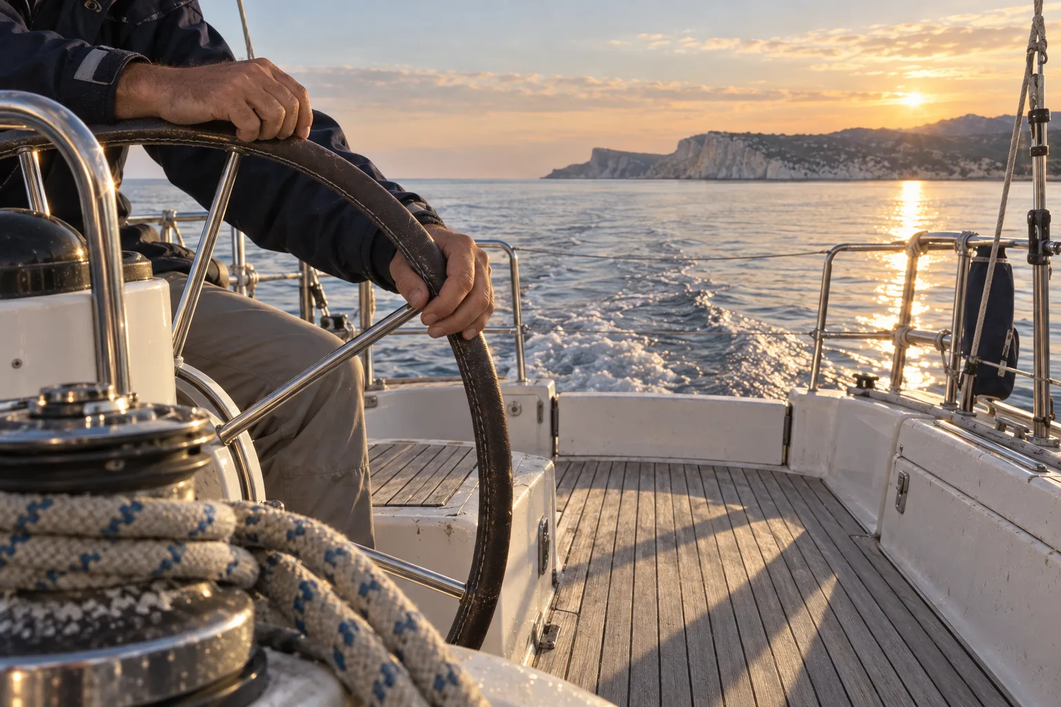 Hands resting on the wheel in low sun, the mainsail’s shadow across the cockpit and the wake behind