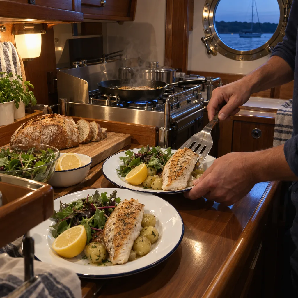 The cook’s hands plating grilled whiting with lemon and potatoes beside the galley’s gimballed stove