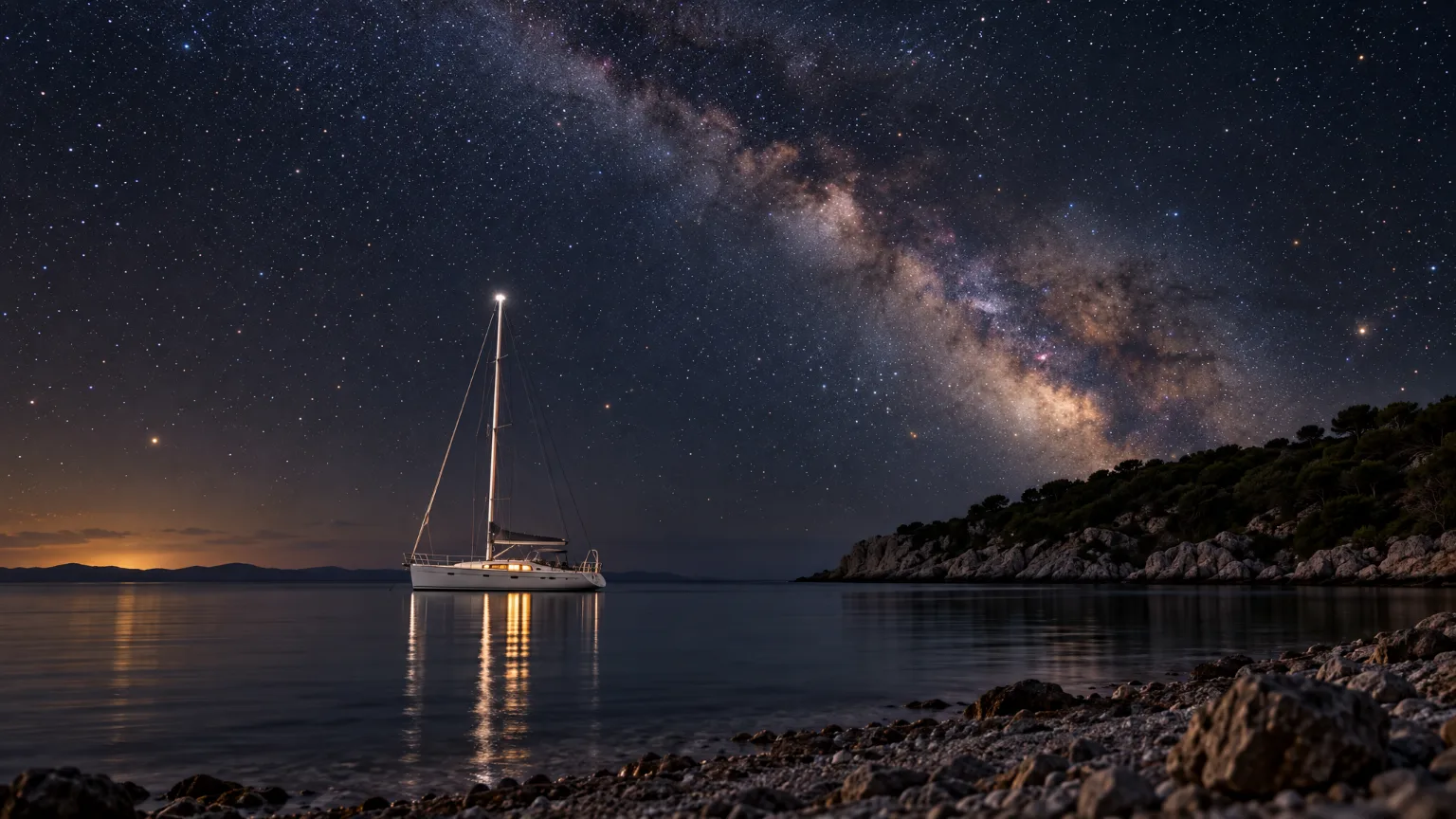 A yacht at anchor at night under the Milky Way, her anchor light the only light in the bay