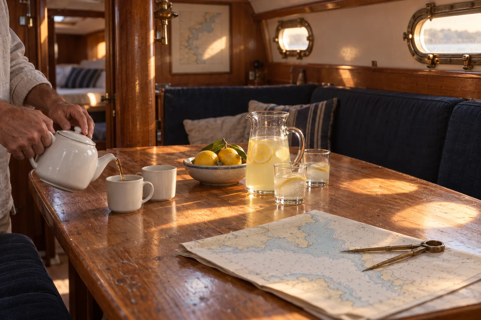 Afternoon light through oval portlights across the saloon table, tea being poured beside a jug of lemonade and a folded chart