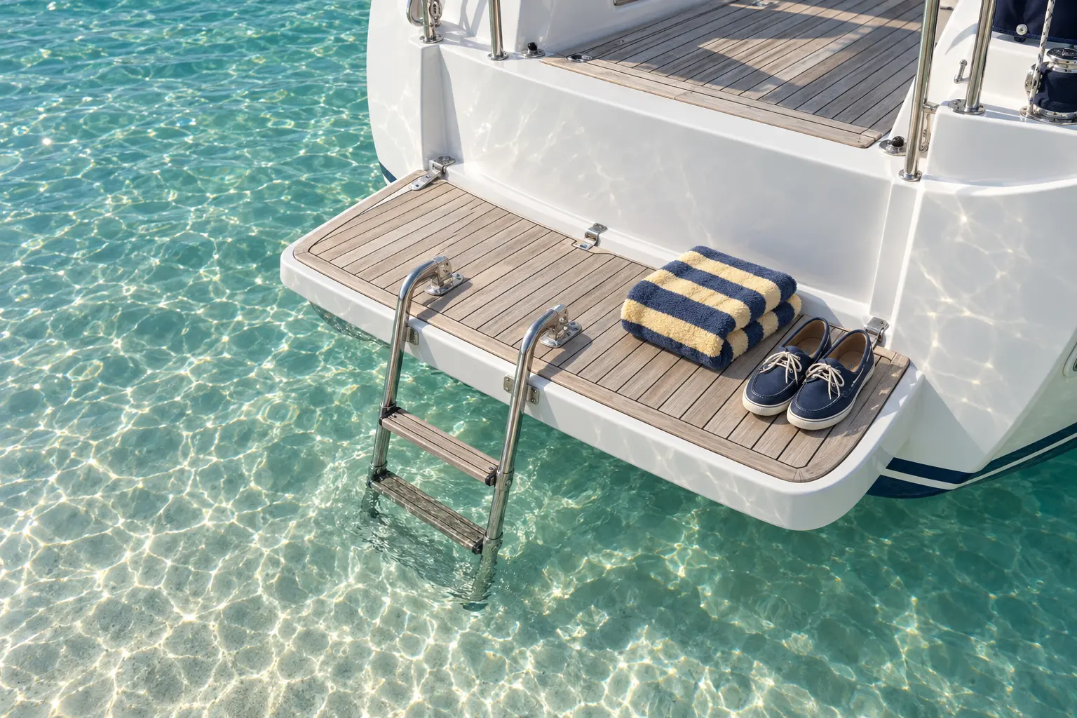 The empty swim step at anchor, two folded towels and deck shoes beside the ladder into clear water