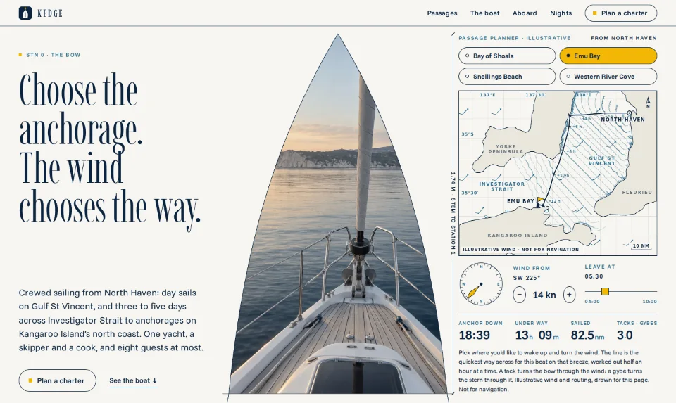 The front page: a yacht's bow aimed at an island at dawn, with a chart routing the passage beside it