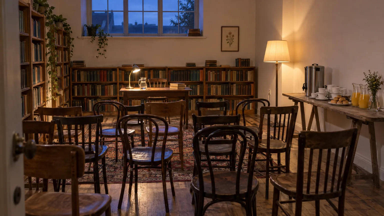 The back room set for a reading: rows of mismatched chairs, a lamp on the reading table, a tea urn and jugs of juice on a trestle
