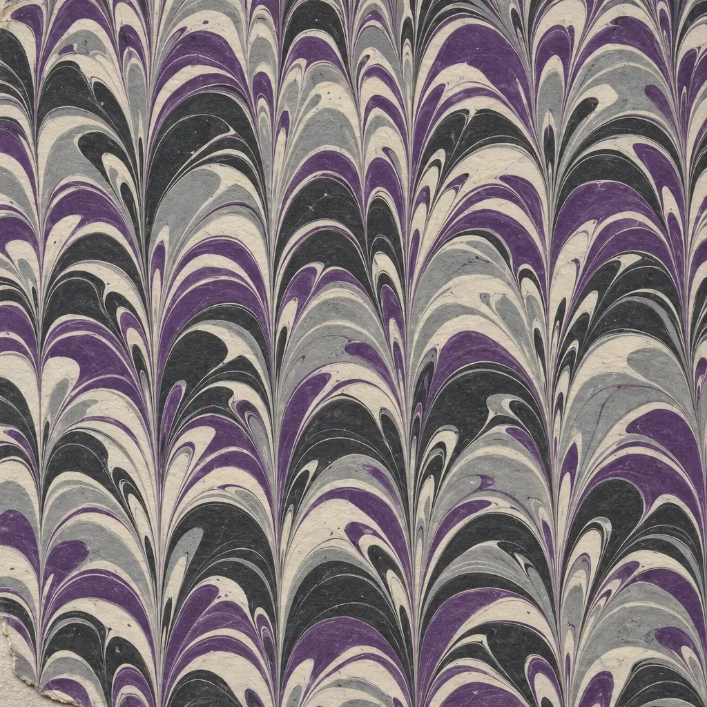 A sheet of marbled paper combed in violet, black, bone and grey