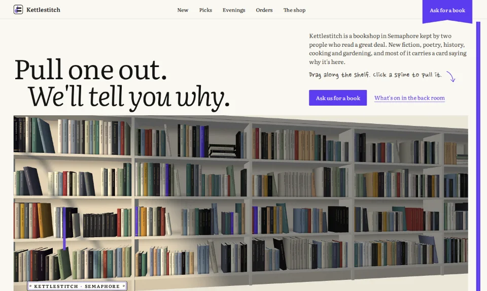 The front page: a large serif headline on paper white above a lit wall of book spines