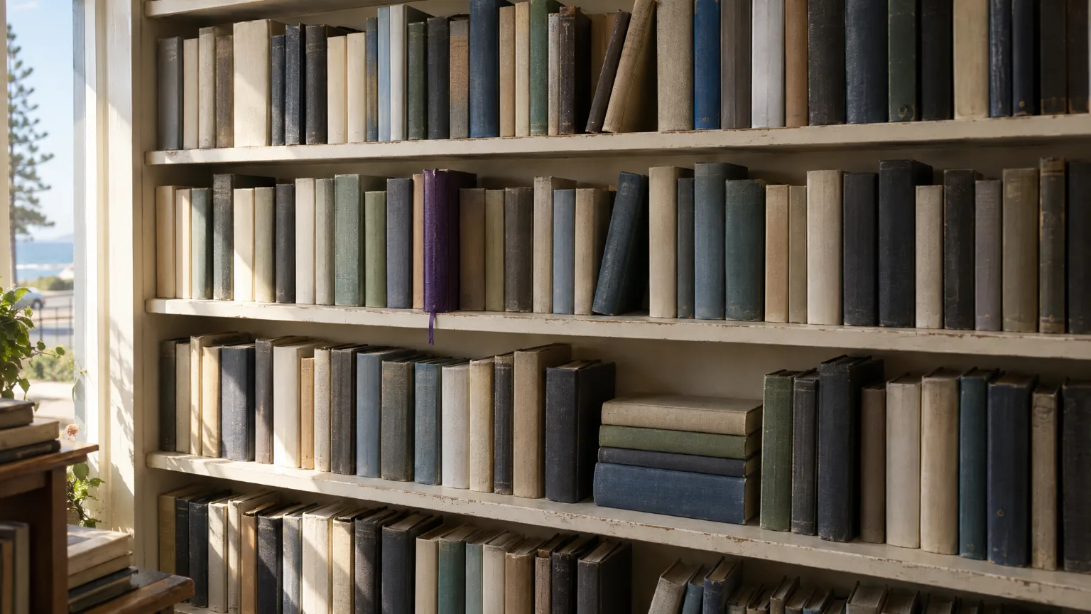 A long bookcase in afternoon window light, one book pulled slightly out with a violet ribbon hanging from it