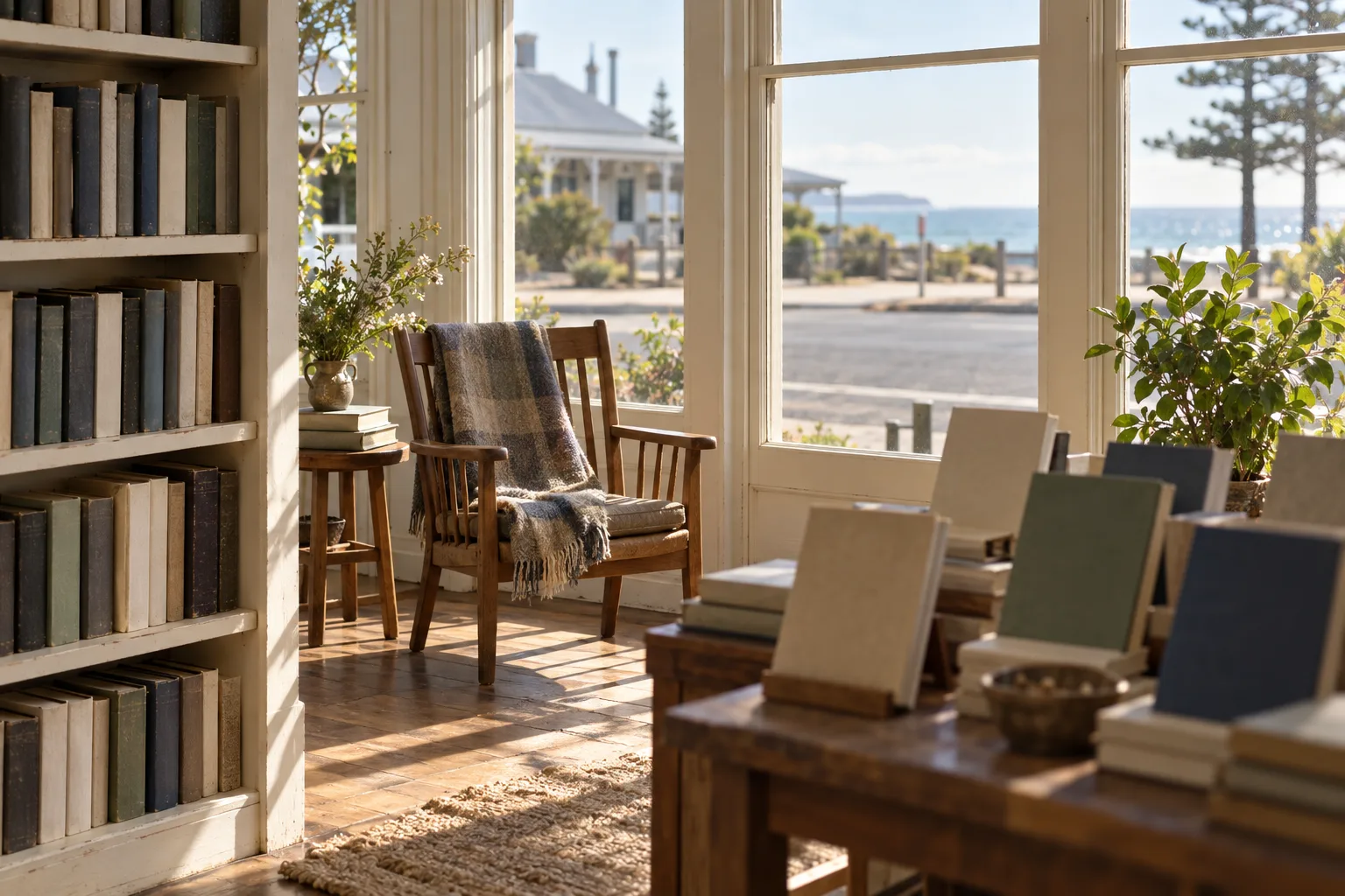 The reading chair by the shop's front window, afternoon light across the floorboards