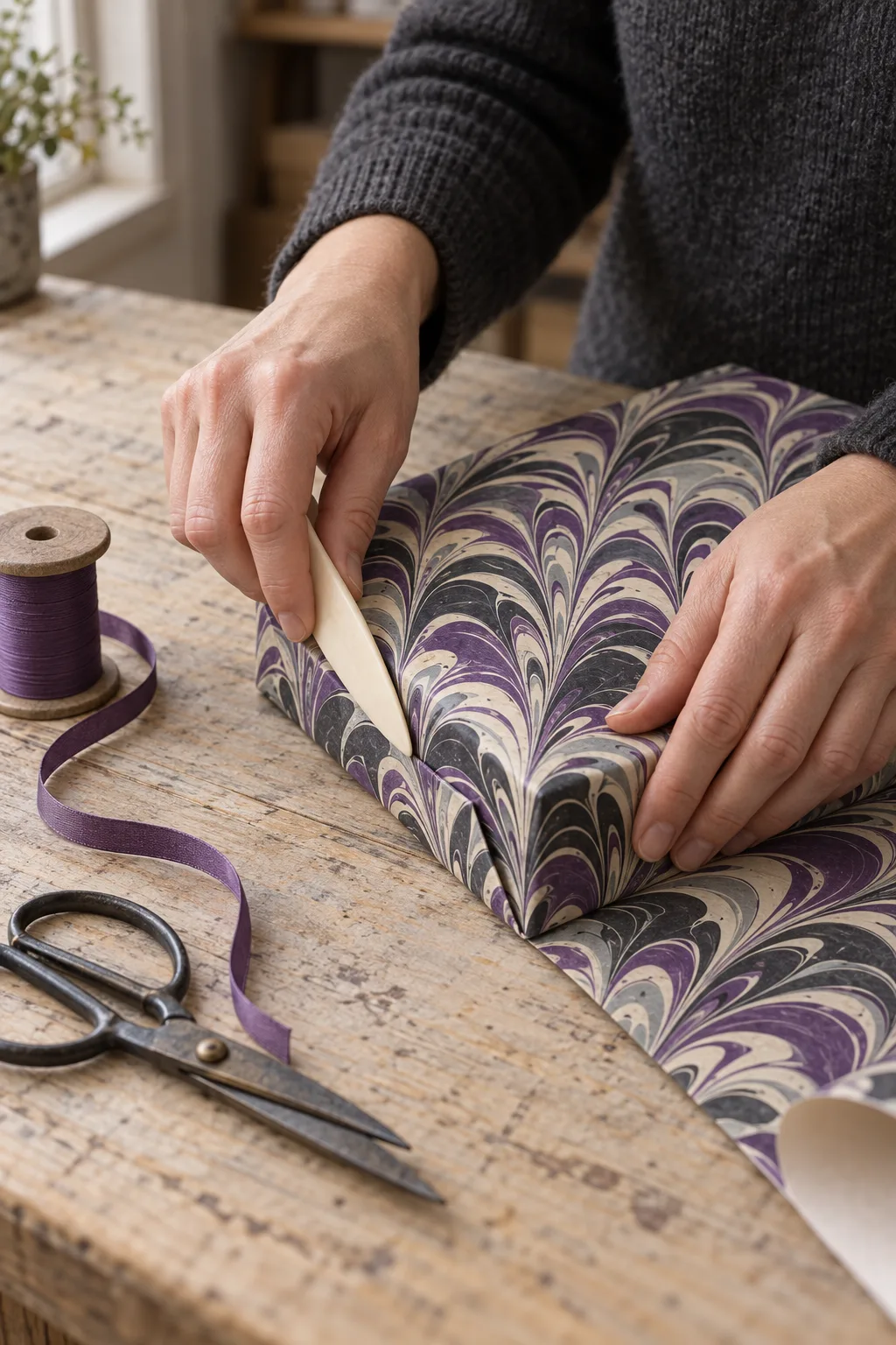 Hands folding marbled paper around a hardback on the shop counter, a spool of violet ribbon beside