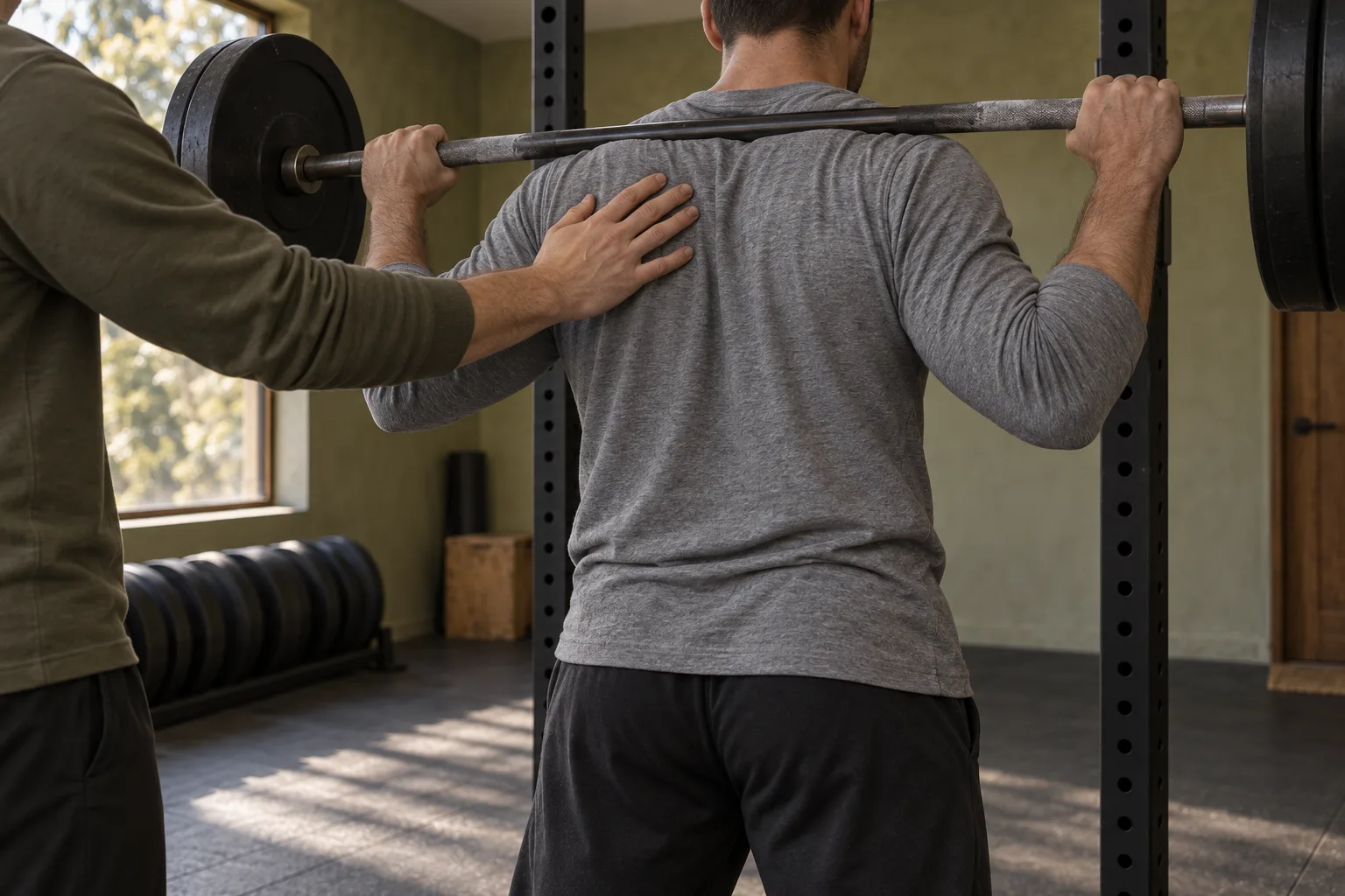 A coach's hand resting on a client's shoulder as the client stands under the bar in the rack