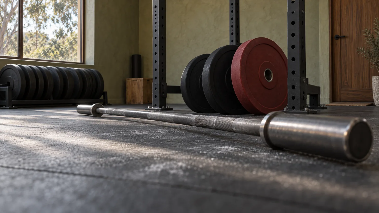 An empty bar on the rubber floor, black plates and one red plate standing against the rack, the room waiting in morning light