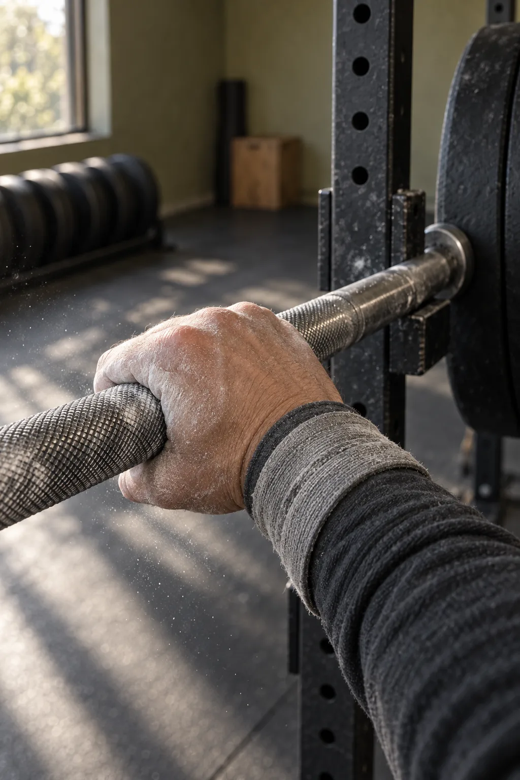A chalked hand closing around the knurled bar, a grey wrist wrap half wound at the cuff