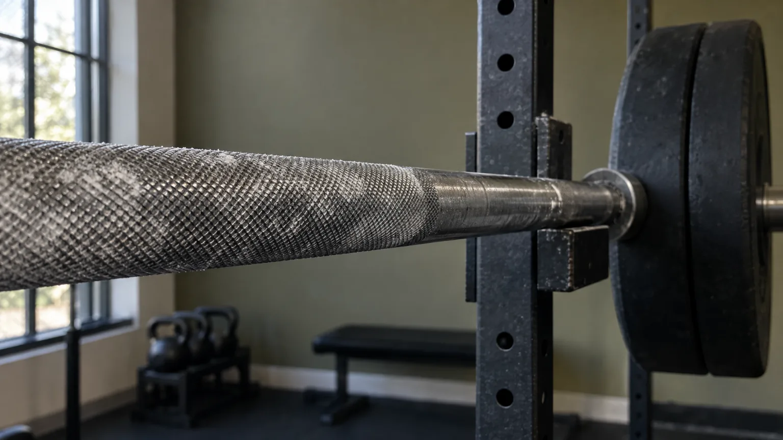 A chalked steel barbell resting in a black rack, the knurled grip sharp and white with chalk, black plates soft in the distance