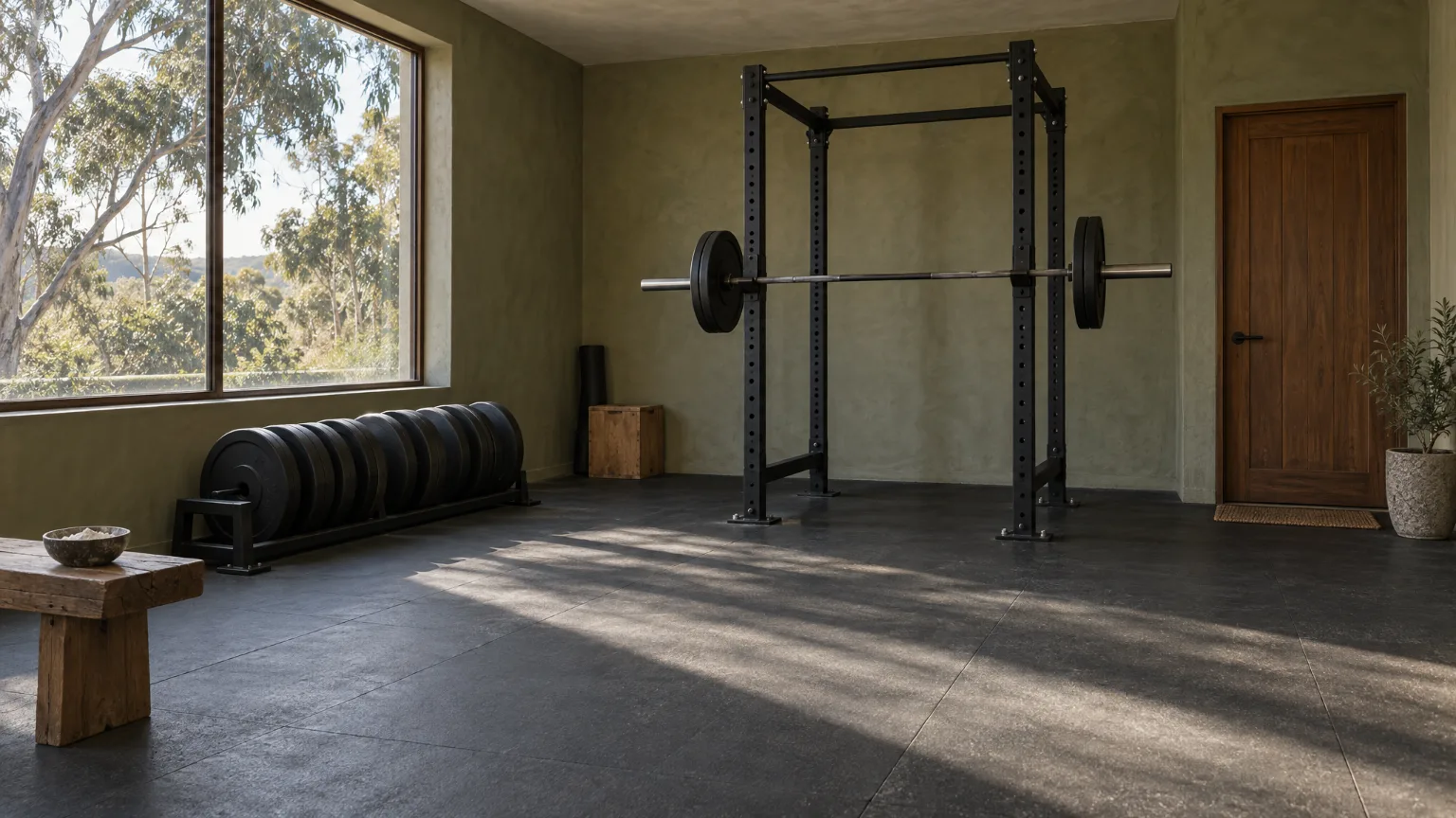 The empty studio in morning light: one black rack with a bar, plates on a low rail, a rubber floor and a tall window onto gum trees