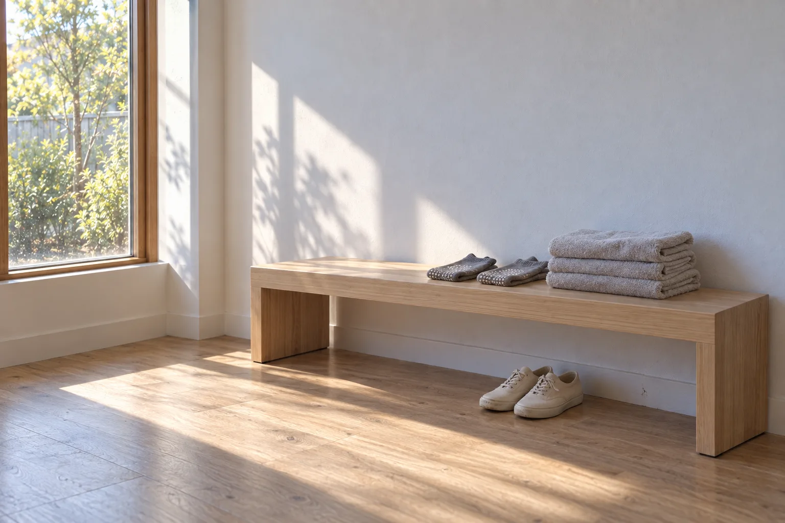 A timber bench under a window with folded towels, grip socks and shoes set neatly beneath it