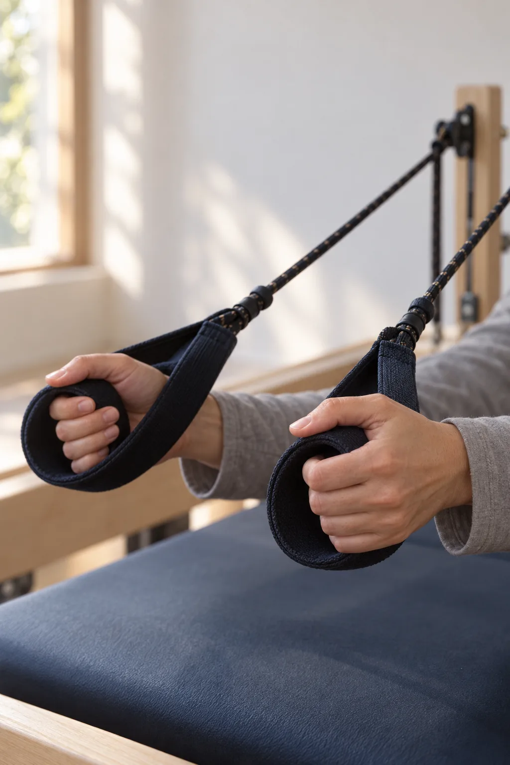 Two hands in grey sleeves holding a reformer's strap loops loosely, the ropes running back to a pulley