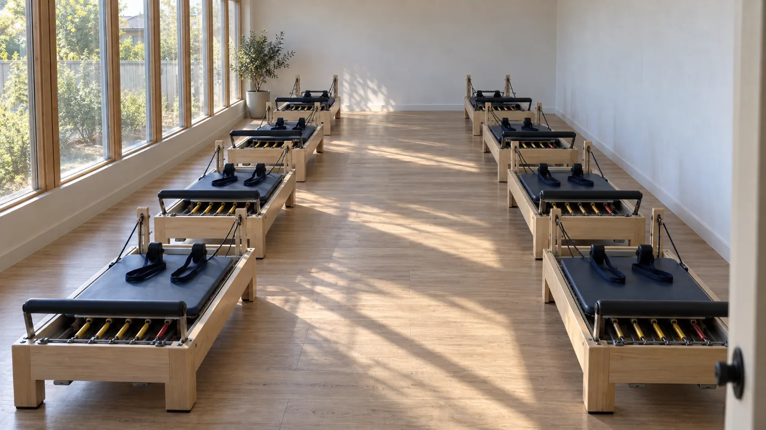 The studio from the doorway: eight reformers in two rows of four, morning light in long bands across the timber floor