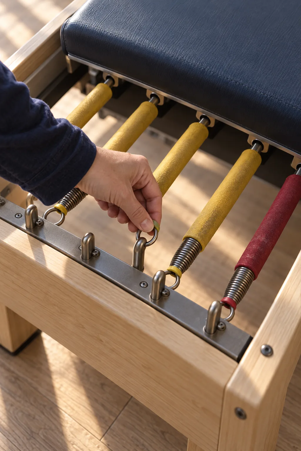 A hand in a navy sleeve hooking a yellow spring onto its rail, beside three more springs and one red