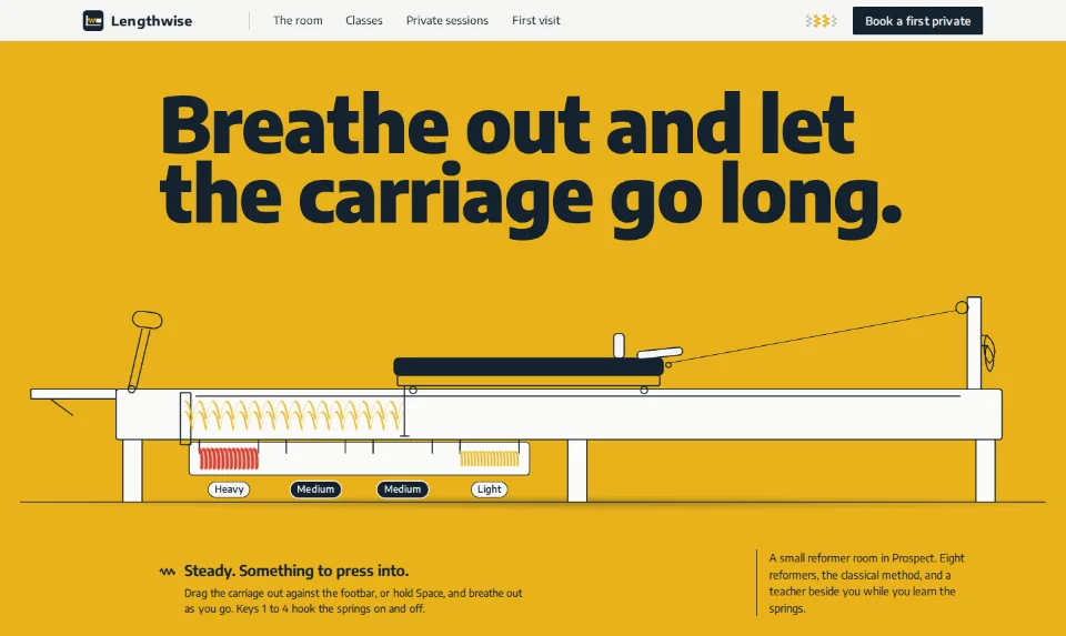 The front page: a reformer side-on across a spring-yellow band, its springs stretched, the headline black and condensed