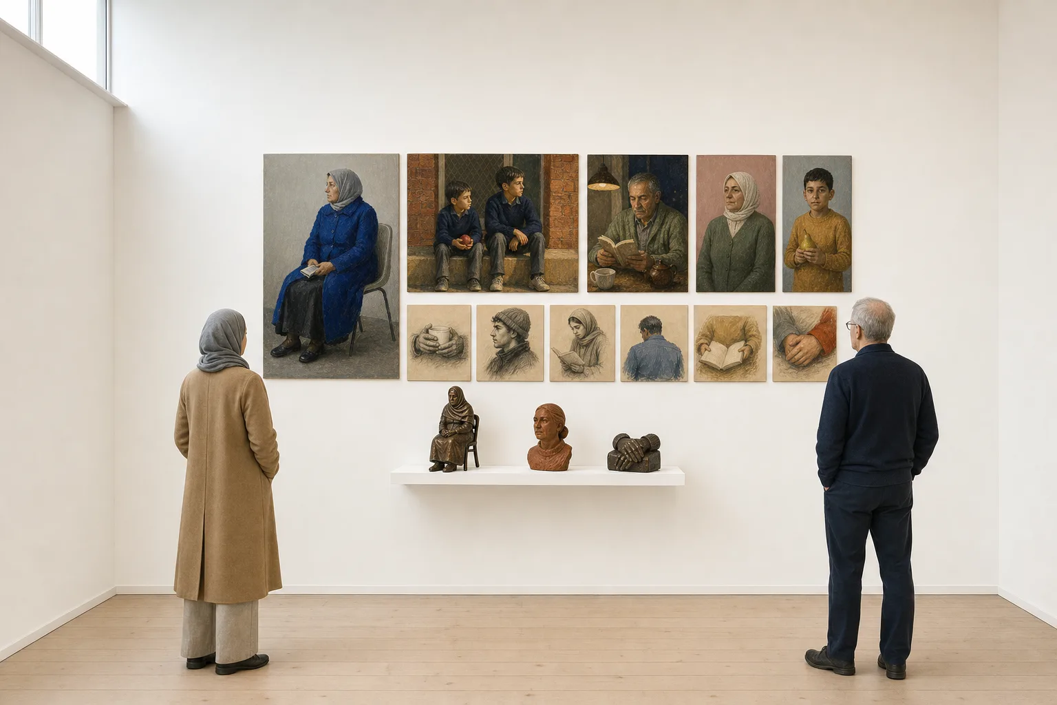 Installation view of Holding Still: a salon hang of colourful figurative paintings on a long white wall, three small sculptures on a shelf beneath, and two visitors looking.