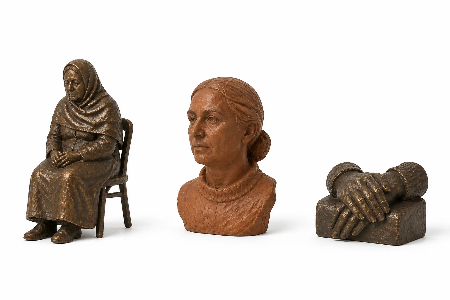 Bronze of an elderly woman seated on a chair in a long dress and shawl, hands folded in her lap.