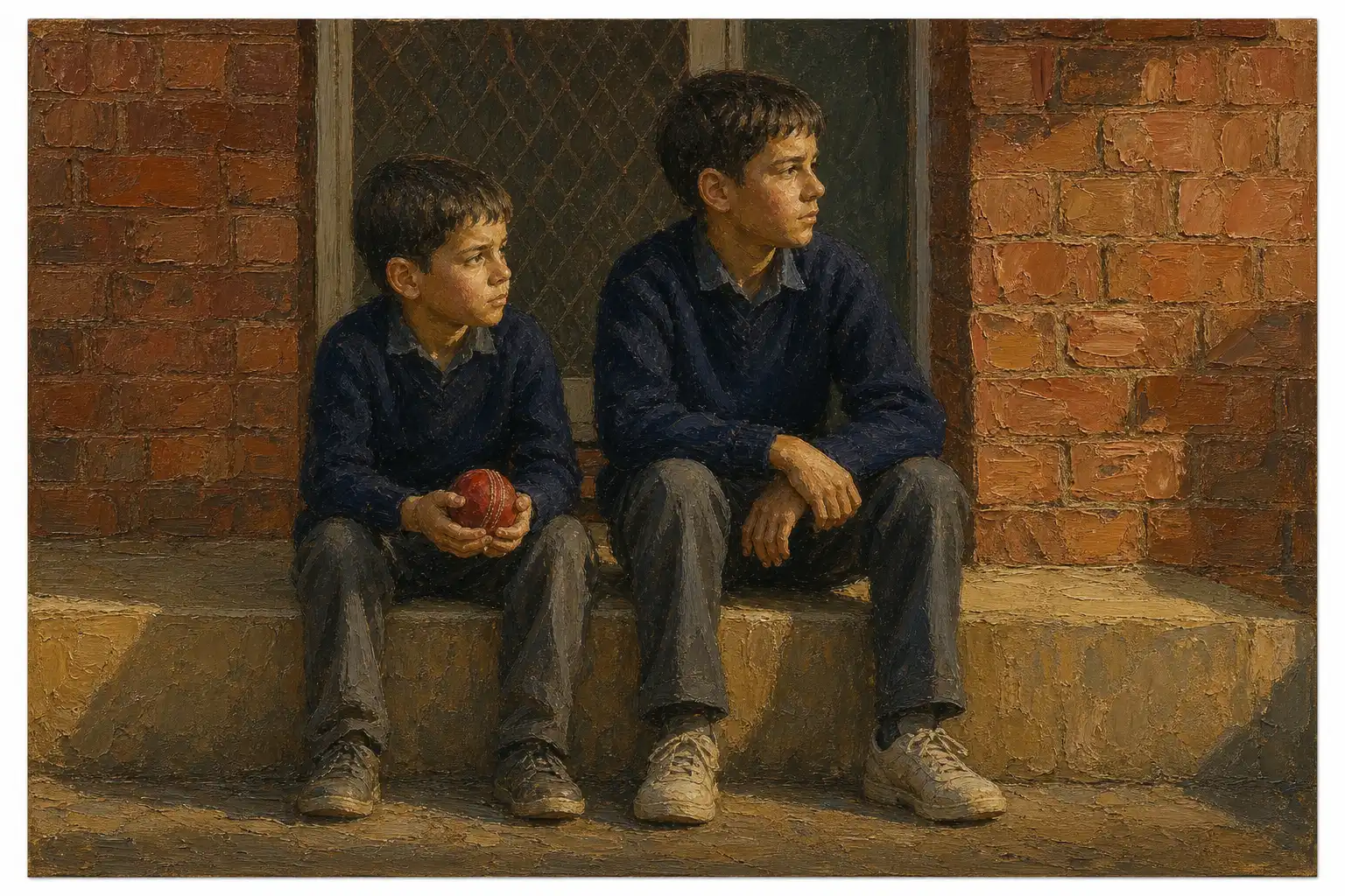 Oil painting of two boys in navy school jumpers sitting on a brick back step in late-afternoon light, the younger holding a red cricket ball.