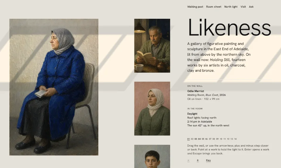 Likeness's front page: a salon hang of colourful figurative paintings on an endless limewashed wall, lit by roof lights or ceiling lamps, beside the gallery's name and a column of labels