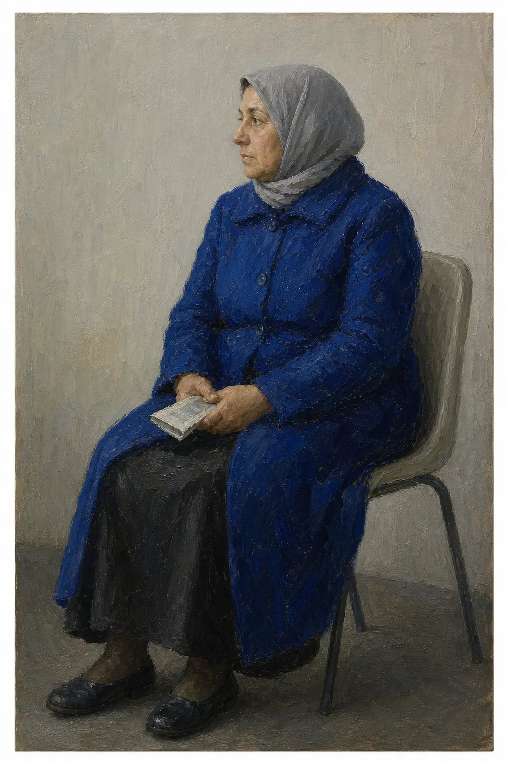 Oil painting of a woman in a long ultramarine coat and grey headscarf, seated on a waiting-room chair with a folded paper in her lap, looking to the left.